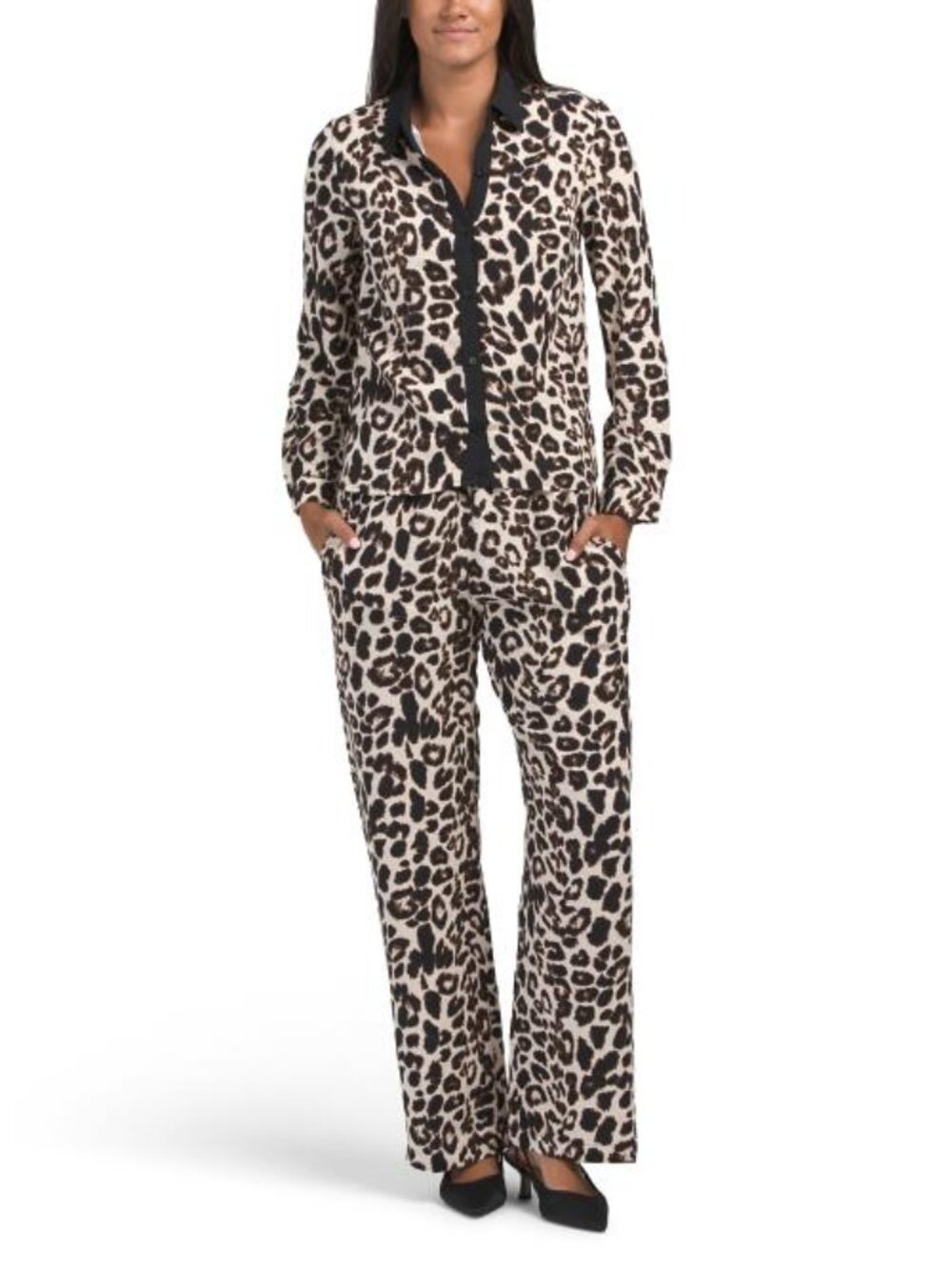 MONTEAU 2pc Long Sleeve Animal Print Shirt And Pants Set